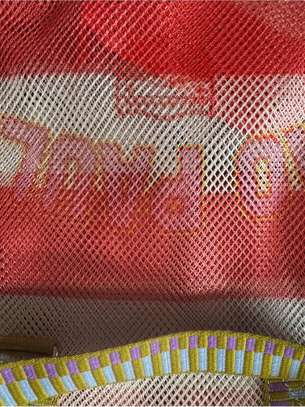 Summer Beach Ready São Paulo Pink & White Striped Mesh Tote w/add-on pouch. NWT.